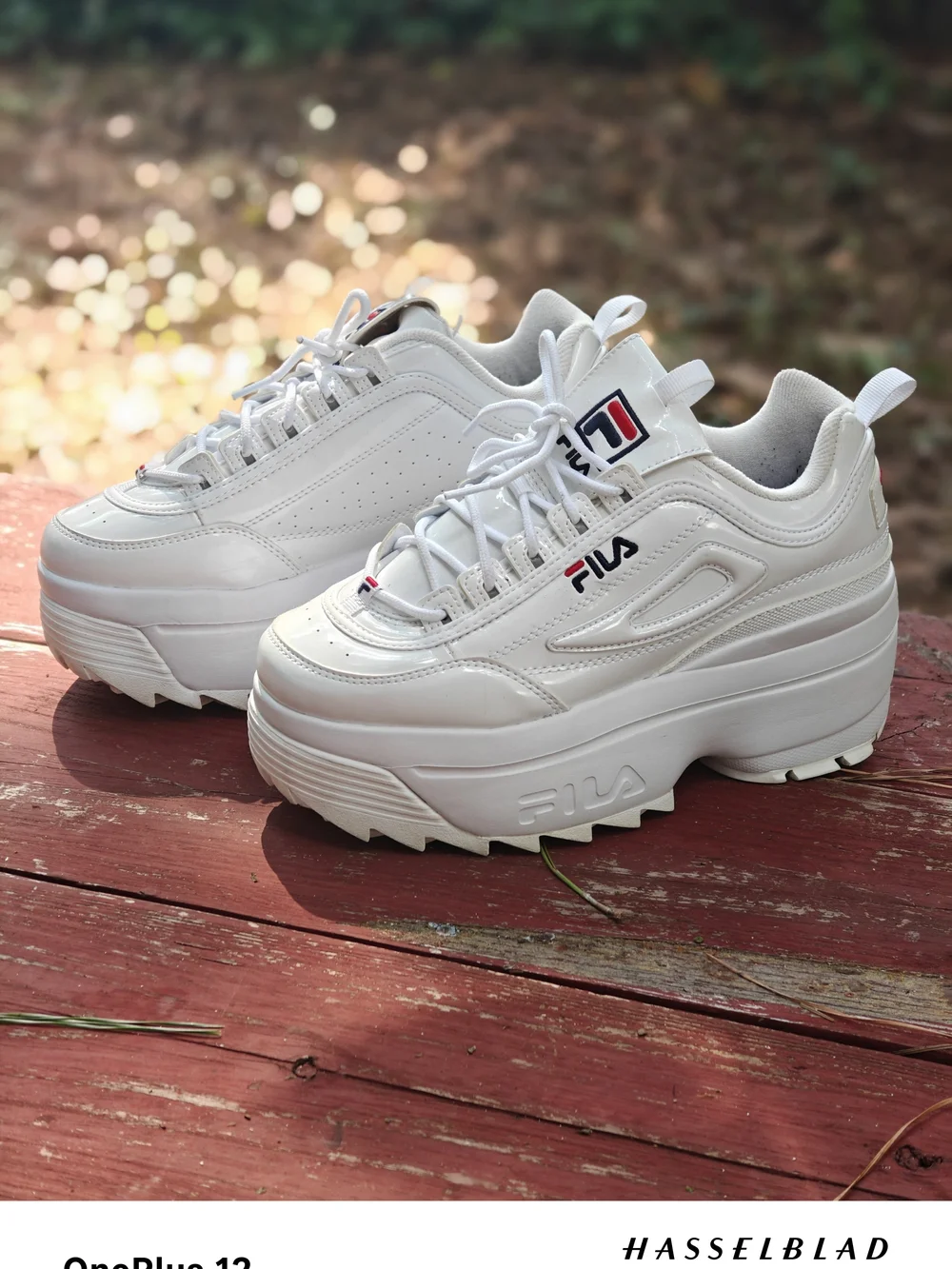 Fila Women's White Platform Disruptor II Sneakers with Navy & Red Accents
